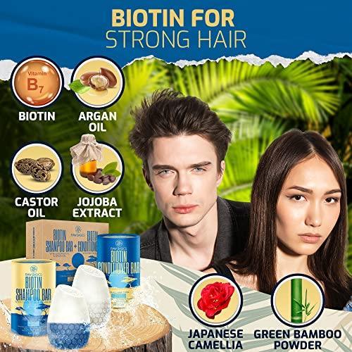 Biotin Shampoo Bars and Solid Conditioner Set - Zero Waste Natural Products and Sulfate Free Travel Size Toiletries - No Bottle - Hair Care for Women and Men - Volumizing and Thickening - SHOP NO2CO2