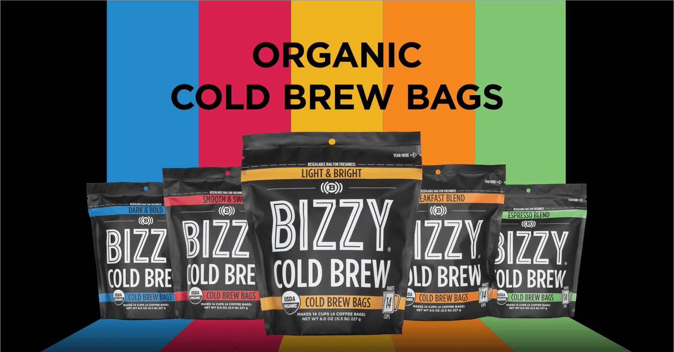 Bizzy Organic Cold Brew Coffee | Breakfast Blend | Coarse Ground Coffee | Medium-Light Roast | Micro Sifted | Specialty Grade | 100% Arabica | Brew Bags | 4 Count | Makes 14 Cups - SHOP NO2CO2