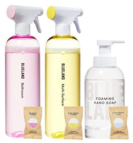 BLUELAND Clean Home Kit (3 Reusable Bottles + 3 Tablet Refills) Natural All Purpose Cleaner for Kitchen and Counters, Bathroom Cleaner for Shower and Sink, and Foaming Hand Soap - SHOP NO2CO2