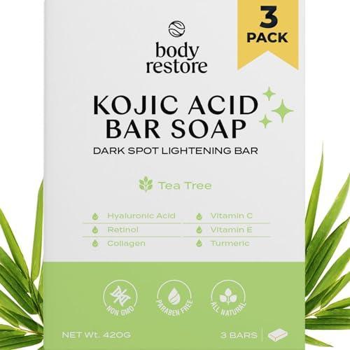 Body Restore Kojic Acid Soap, (Tea Tree 3 Pack), with Vitamin C,E, Shea Butter, Collagen, Hyaluronic Acid, Turmeric, Retinol For Dark Spots, All Natural Soap Bar, Paraben Free - SHOP NO2CO2