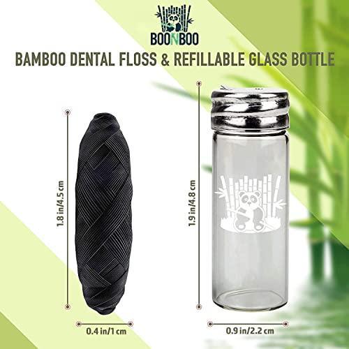 BOONBOO Dental Floss | 100FT/30M Bamboo Woven Fiber Dispenser + 6pcs of 100FT | Mint Flavor | Refillable Glass Bottle | Teeth Flosser with Holder | Natural, Biodegradable, Sustainable - SHOP NO2CO2