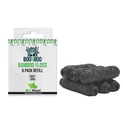 BOONBOO Dental Floss | 300FT/90M Bamboo Woven Fiber Holder + 6pcs of 100FT | Mint Flavor | Refillable Glass Bottle | Teeth Flosser with Dispenser | Natural, Biodegradable, Sustainable - SHOP NO2CO2