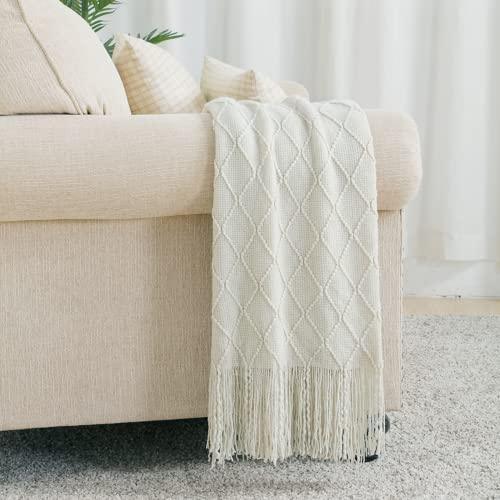 BOURINA Throw Blanket Knitted Throw Textured Solid Soft Sofa Couch Cover Decorative Knitted Blanket, 50" x 60" Beige - SHOP NO2CO2