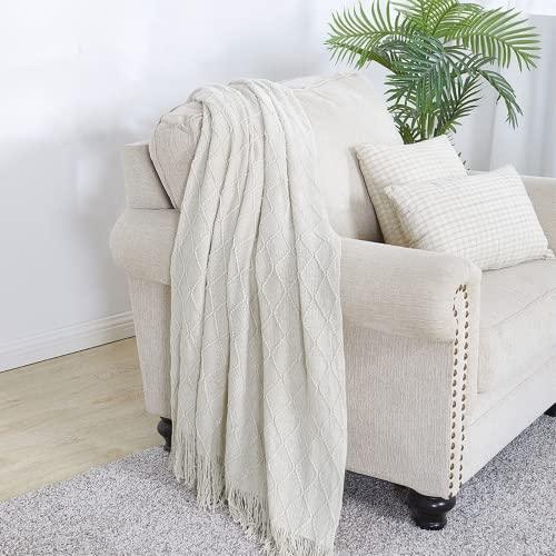 BOURINA Throw Blanket Knitted Throw Textured Solid Soft Sofa Couch Cover Decorative Knitted Blanket, 50" x 60" Beige - SHOP NO2CO2