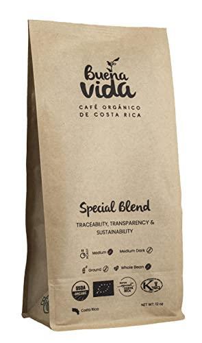 Buena Vida Organic Specialty Coffee - Costa Rica Coffee, Fair trade, Kosher, USDA Organic, Special Blend Whole Bean 12 oz - SHOP NO2CO2