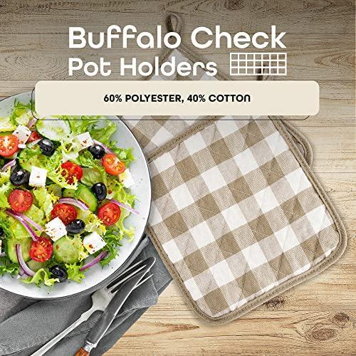 Buffalo Check Pot Holders, 2 Pack, Taupe - 8" x 18" - Quilted Trivet Pot Holders are Heat Resistant, Machine Washable & Stain Repellant - Non-Slip for Pots & Pans by Achim Home Decor - SHOP NO2CO2