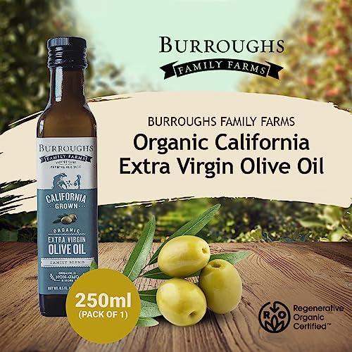 Burroughs Family Farms Organic California Extra Virgin Olive Oil | Cold Pressed Perfection | 100% Pure Olive Oil is Perfect for Cooking, Baking, Grilling, Dipping, and Salads | Naturally Gluten Free, Non-GMO | 250 ml each (Pack of 1) - SHOP NO2CO2