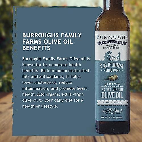 Burroughs Family Farms Organic California Extra Virgin Olive Oil | Cold Pressed Perfection | 100% Pure Olive Oil is Perfect for Cooking, Baking, Grilling, Dipping, and Salads | Naturally Gluten Free, Non-GMO | 250 ml each (Pack of 1) - SHOP NO2CO2