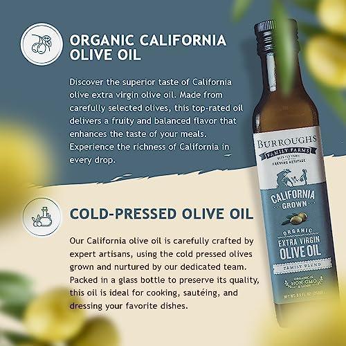 Burroughs Family Farms Organic California Extra Virgin Olive Oil | Cold Pressed Perfection | 100% Pure Olive Oil is Perfect for Cooking, Baking, Grilling, Dipping, and Salads | Naturally Gluten Free, Non-GMO | 250 ml each (Pack of 1) - SHOP NO2CO2