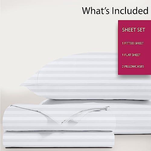 Carressa Linen 5Star Hotel Quality 1200 Thread Count Cotton Stripe Sheets for King Size Bed, 4 Pc Hotel White Premium USA Supima Cotton Sateen Weave with Elasticized Deep Pocket - SHOP NO2CO2