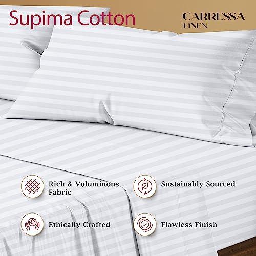 Carressa Linen 5Star Hotel Quality 1200 Thread Count Cotton Stripe Sheets for King Size Bed, 4 Pc Hotel White Premium USA Supima Cotton Sateen Weave with Elasticized Deep Pocket - SHOP NO2CO2