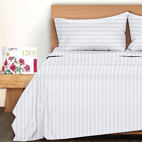 Carressa Linen 5Star Hotel Quality 1200 Thread Count Cotton Stripe Sheets for King Size Bed, 4 Pc Hotel White Premium USA Supima Cotton Sateen Weave with Elasticized Deep Pocket - SHOP NO2CO2