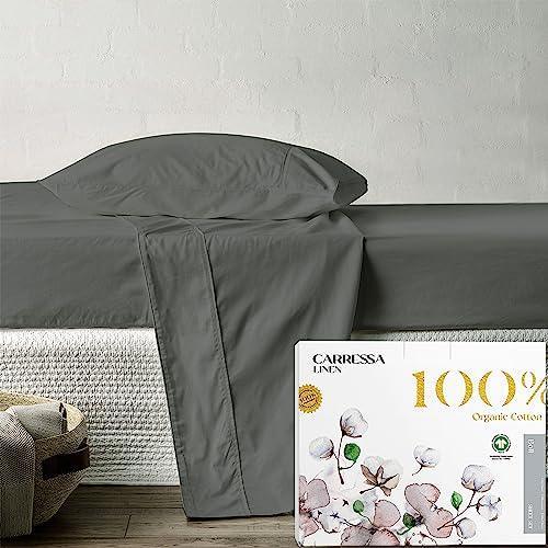 Carressa Linen Organic Cotton Dark Grey Twinsheets Set, Organic Cotton Long Staple Sateen Weave Ultra Soft Best Bedding Sheets for Bed, Breathable, GOTS Certified, Fits Mattress Upto 17 in Deep - SHOP NO2CO2