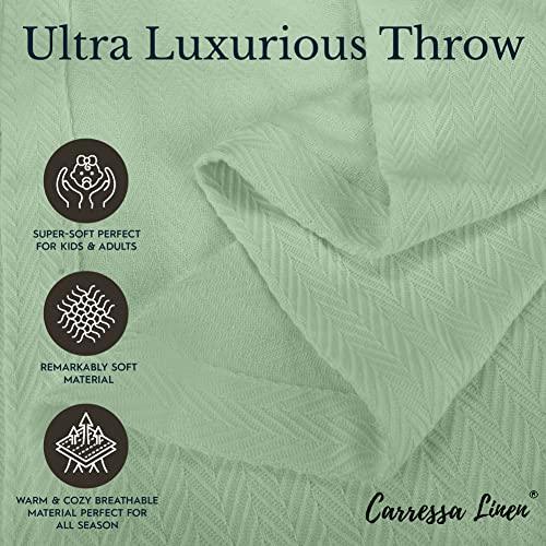 Carressa Linen Pure Cotton, Luxury Queen Size Soft Sage Blanket Herringbone Pattern, Lightweight, Soft & Cozy Premium Fall Throw Blanket for All Seasons, 350GSM & 106X92 with Free Cotton Pouch - SHOP NO2CO2