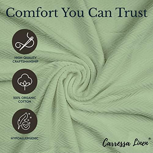 Carressa Linen Pure Cotton, Luxury Queen Size Soft Sage Blanket Herringbone Pattern, Lightweight, Soft & Cozy Premium Fall Throw Blanket for All Seasons, 350GSM & 106X92 with Free Cotton Pouch - SHOP NO2CO2