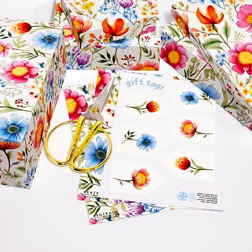 CENTRAL 23 Flower Wrapping Paper - Wildflower - 6 Sheets of White Floral Gift Wrap - For Women - For Birthday Wedding Easter Bridal Shower - Recyclable - SHOP NO2CO2