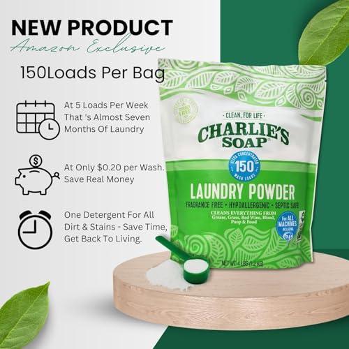 Charlie’s Soap Laundry Powder New (150 Loads, 1 Pack) Fragrance Free Hypoallergenic Plant Based Deep Cleaning Laundry Powder – Biodegradable Eco Friendly Sustainable Laundry Detergent - SHOP NO2CO2