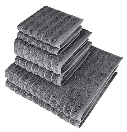 Classic Turkish Towels Luxury 6 Piece Towel Set - 2 Bath Towels, 2 Hand Towels, 2 Washcloths, Jacquard Ribbed, Absorbent, 100% Turkish Cotton (Grey) - SHOP NO2CO2