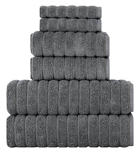 Classic Turkish Towels Luxury 6 Piece Towel Set - 2 Bath Towels, 2 Hand Towels, 2 Washcloths, Jacquard Ribbed, Absorbent, 100% Turkish Cotton (Grey) - SHOP NO2CO2