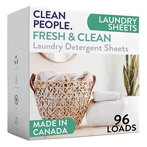 Clean People Laundry Detergent Sheets - Plant-Based, Hypoallergenic Soap - Ultra Concentrated, Plastic Free, Natural Ingredients, Recyclable Packaging, Stain Fighting - Fresh Scent, 96 Pack - SHOP NO2CO2