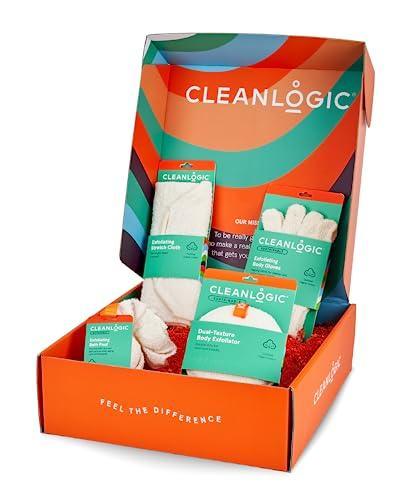 Cleanlogic Sustainable Home Spa Gift for Women, Exfoliating Skin Care Set with Body Scrubber, Bath Pouf, Exfoliator Gloves & Stretch Cloth, Organic Cotton, 4 Count - SHOP NO2CO2