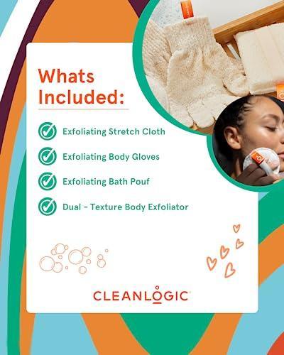 Cleanlogic Sustainable Home Spa Gift for Women, Exfoliating Skin Care Set with Body Scrubber, Bath Pouf, Exfoliator Gloves & Stretch Cloth, Organic Cotton, 4 Count - SHOP NO2CO2