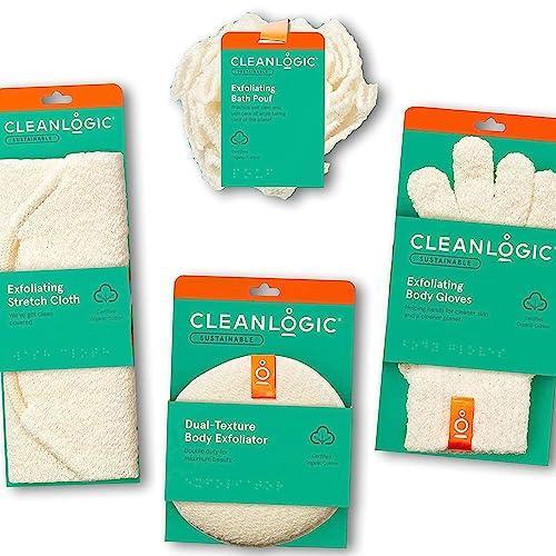 Cleanlogic Sustainable Home Spa Gift for Women, Exfoliating Skin Care Set with Body Scrubber, Bath Pouf, Exfoliator Gloves & Stretch Cloth, Organic Cotton, 4 Count - SHOP NO2CO2