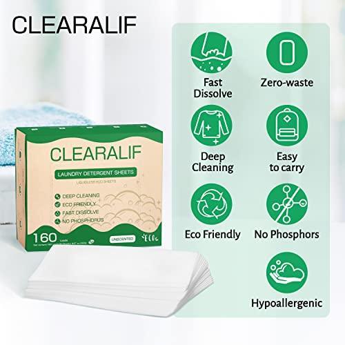 CLEARALIF Laundry Detergent Sheets up to 320 Loads (160 sheets), Unscented, Laundry Detergent Strips Eco Friendly & Hypoallergenic (160 Count,Pack of 2) - SHOP NO2CO2