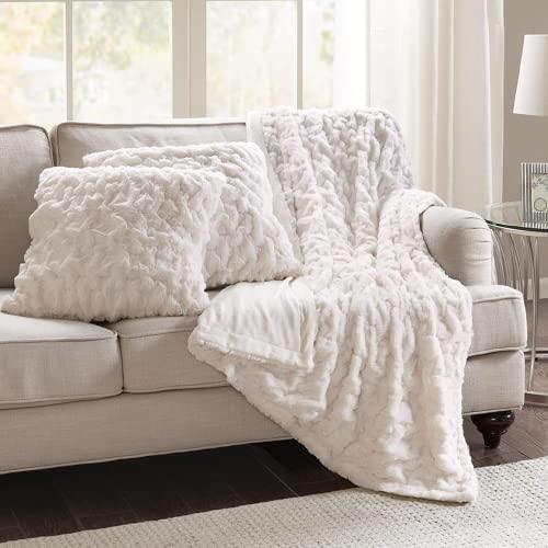 Comfort Spaces Ruched Faux Fur Plush 3 Piece Throw Blanket Set Ultra Soft Fluffy with 2 Square Pillow Covers, 50"x60", Ivory - SHOP NO2CO2