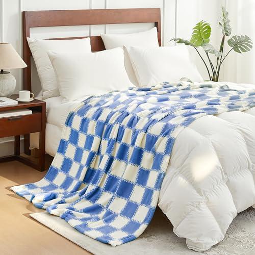 Cozy Bliss Checkered Throw Blanket Ultra Soft Warm MilkyPlush™ Fleece Blanket Checkerboard Grid Plush Blanket for Couch Bed Sofa, Blue 60"x80" - SHOP NO2CO2