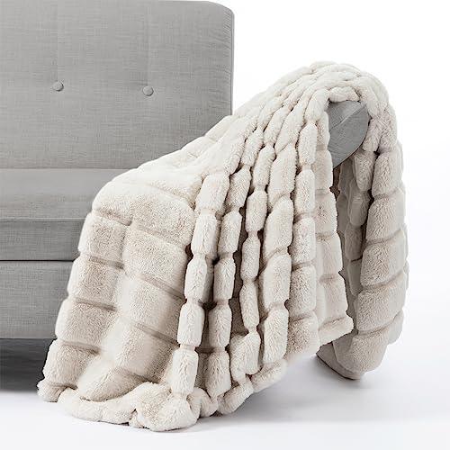 Cozy Bliss Faux Fur Throw Blanket for Couch, Cozy Warm Plush Striped Blanket for Sofa Bedroom Living Room, 50 * 60 Inches Beige - SHOP NO2CO2