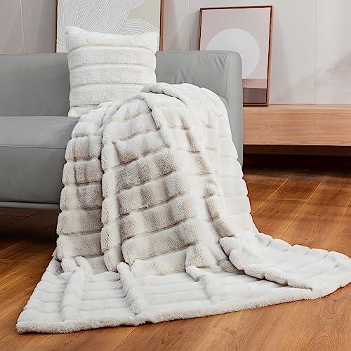 Cozy Bliss Faux Fur Throw Blanket for Couch, Cozy Warm Plush Striped Blanket for Sofa Bedroom Living Room, 50 * 60 Inches Beige - SHOP NO2CO2