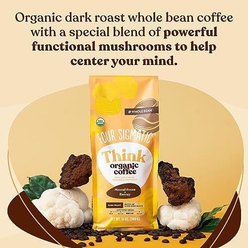 Dark Roast Organic Whole Bean Coffee by Four Sigmatic | Fair Trade Coffee Beans Coated with Lion's Mane, Chaga Mushrooms | Nootropic Mushroom Coffee for Enhanced Brain Function & Immune Support | 12oz - SHOP NO2CO2