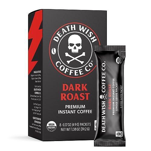 Death Wish Coffee Instant Coffee Dark Roast, 8 Single Serve Packets, Extra Kick of Caffeine, Bold & Intense Blend of Arabica & Robusta Beans, USDA Organic Powder, 300mg of Caffeine for Day Lift - SHOP NO2CO2