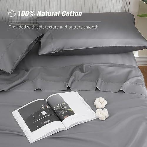 DOWNCOOL Queen Sheet Set - 100% Cotton Sheets Queen, 16" Deep Pocket Queen Sheets, 400 Thread Count Sateen, Silky Soft & Breathable Queen Bed Sheets, 4-Piece Hotel Luxury Sheet Set, Grey Sheets - SHOP NO2CO2