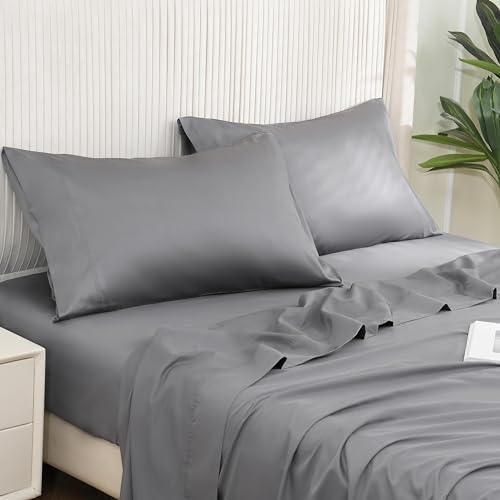 DOWNCOOL Queen Sheet Set - 100% Cotton Sheets Queen, 16" Deep Pocket Queen Sheets, 400 Thread Count Sateen, Silky Soft & Breathable Queen Bed Sheets, 4-Piece Hotel Luxury Sheet Set, Grey Sheets - SHOP NO2CO2