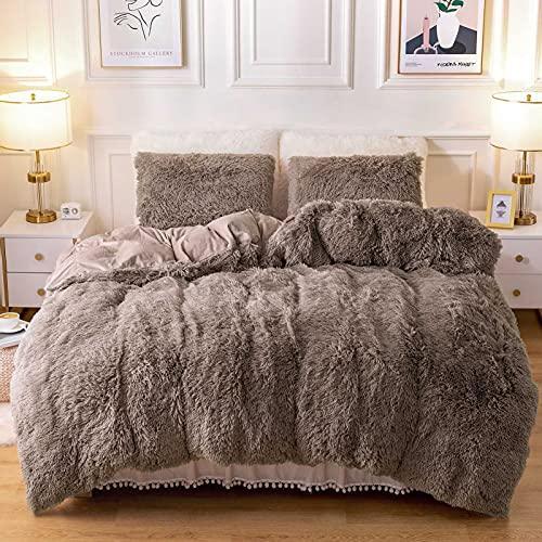 Dreamcountry Plush Fluffy Duvet Cover Oeko-TEX Certified Luxury Ultra Soft Shaggy Crystal Velvet Bedding Set 3 Pieces(1 Duvet Cover + 2 Pillow Shams) Zipper Closure(Queen, Khaki) - SHOP NO2CO2