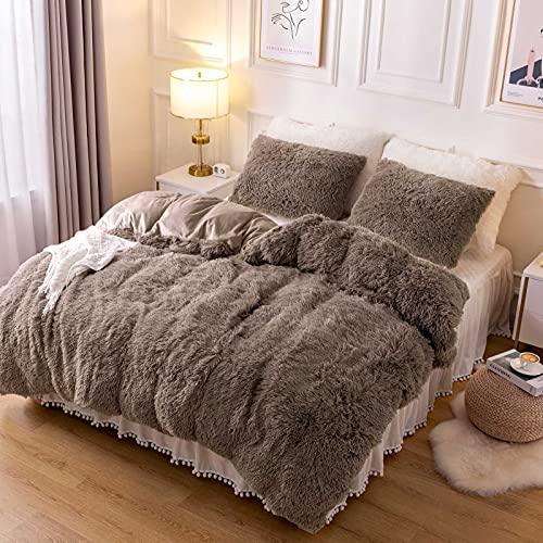 Dreamcountry Plush Fluffy Duvet Cover Oeko-TEX Certified Luxury Ultra Soft Shaggy Crystal Velvet Bedding Set 3 Pieces(1 Duvet Cover + 2 Pillow Shams) Zipper Closure(Queen, Khaki) - SHOP NO2CO2