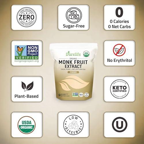 Durelife Organic 100% Pure Monk Fruit sweetener, No Erythritol, Monkfruit Extract Powder, USDA organic NON-GMO Project Verified, Keto Certified, OU kosher No Fillers Zero Calorie Sugar Substitute 5OZ - SHOP NO2CO2