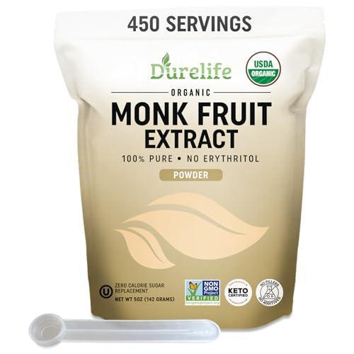 Durelife Organic 100% Pure Monk Fruit sweetener, No Erythritol, Monkfruit Extract Powder, USDA organic NON-GMO Project Verified, Keto Certified, OU kosher No Fillers Zero Calorie Sugar Substitute 5OZ - SHOP NO2CO2