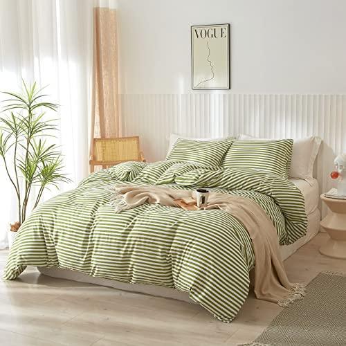 EAVD Duvet Cover Queen Size Green and White Striped Duvet Cover Soft Microfiber Green Striped Bedding Set with 2 Pillowcases Modern Style Geometric Striped Comforter Cover with Zipper Closure - SHOP NO2CO2