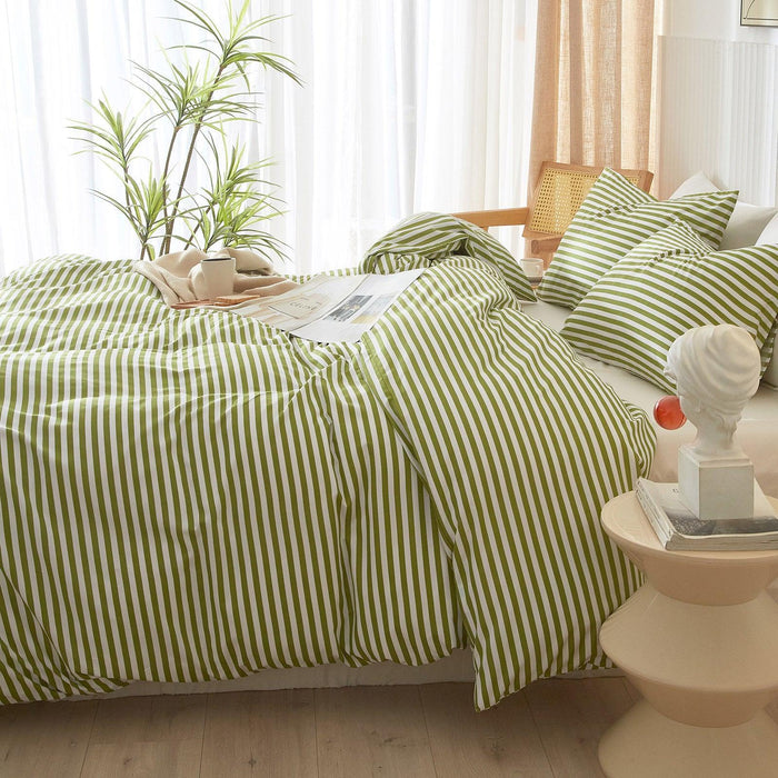 EAVD Duvet Cover Queen Size Green and White Striped Duvet Cover Soft Microfiber Green Striped Bedding Set with 2 Pillowcases Modern Style Geometric Striped Comforter Cover with Zipper Closure - SHOP NO2CO2