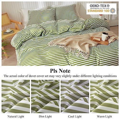 EAVD Duvet Cover Queen Size Green and White Striped Duvet Cover Soft Microfiber Green Striped Bedding Set with 2 Pillowcases Modern Style Geometric Striped Comforter Cover with Zipper Closure - SHOP NO2CO2