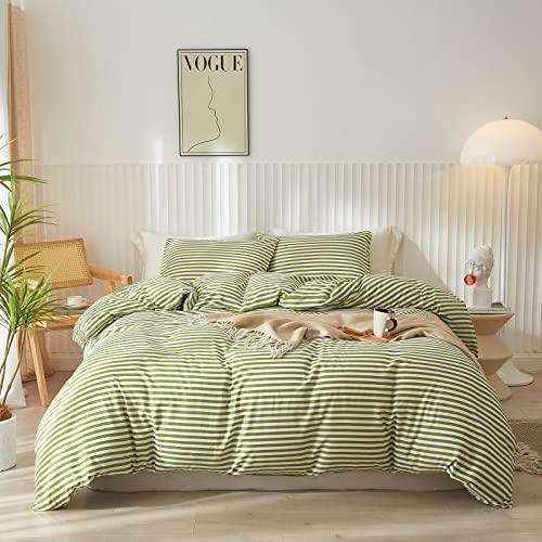 EAVD Duvet Cover Queen Size Green and White Striped Duvet Cover Soft Microfiber Green Striped Bedding Set with 2 Pillowcases Modern Style Geometric Striped Comforter Cover with Zipper Closure - SHOP NO2CO2