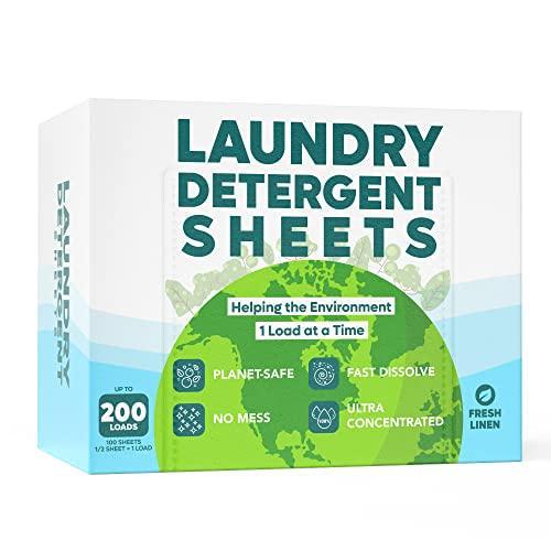 Eco Friendly Laundry Detergent Sheets (100 sheets 200 loads) - Plant based Free and Clear Strips for HE machine, travel, home clothes washing (Fresh Linen) - SHOP NO2CO2