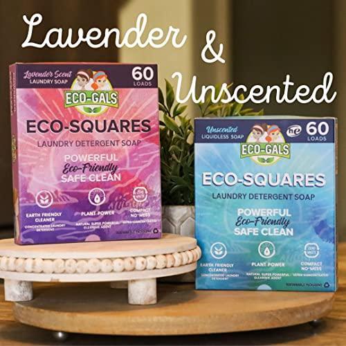 Eco-Gals Eco-Squares laundry detergent sheets with zero waste dry soap technology for cleaning linen and clothes in regular and high efficiency top or front load washing machines, Unscented - SHOP NO2CO2