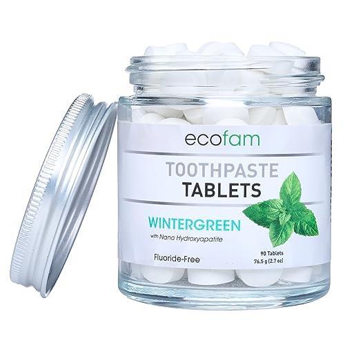 Ecofam Chewable Xylitol Toothpaste Tablets - 90 Natural Whitening Paste tabs - Earth Friendly Glass Jar - Fluoride-Free - Remineralizing Nano Hydroxyapatite - SLS Free - Made in The USA (Wintergreen) - SHOP NO2CO2