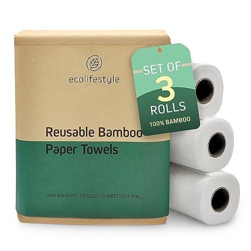 Ecolifestyle Reusable Bamboo Paper Towels washable | 3 Rolls of washable paper towels with 20 Sheets each | Kitchen Cleaning Rolls Alternative Paperless Towels | Eco Friendly (3) - SHOP NO2CO2