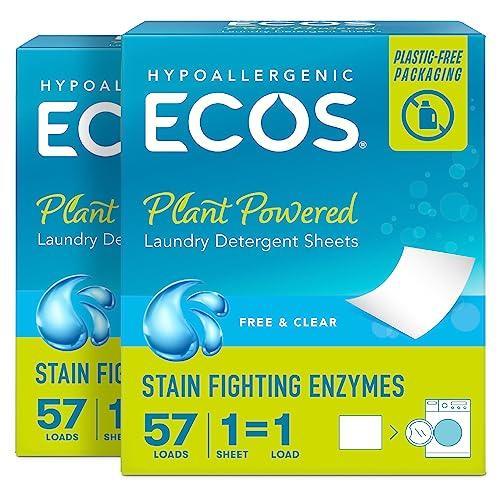 ECOS Laundry Detergent Sheets Vegan, No Plastic Jug, No Mess & Liquid Free - Laundry Sheets in Washer - Hypoallergenic, Plant Powered Laundry Detergent Sheets - Free & Clear 57 Count(Pack of 2) - SHOP NO2CO2