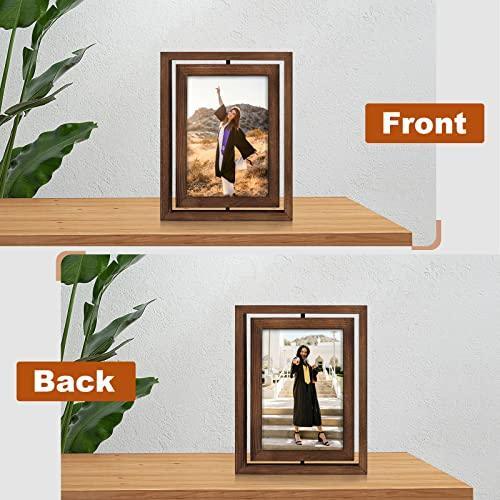 Egofine 2 Pack 5x7 Rotating Floating Picture Frames,Double-Sided Display with HD Glass Front Wooden Distressed Frame for Vertical or Horizontal Tabletop Display, Carbonization - SHOP NO2CO2